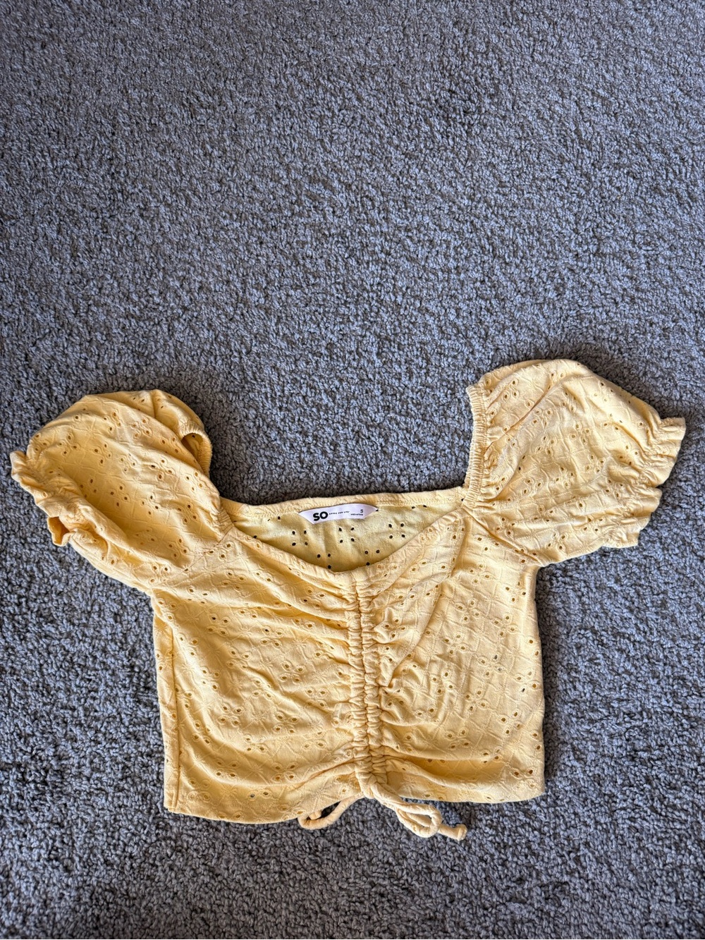 SO Yellow Eyelet Cropped Top with Puff Sleeves